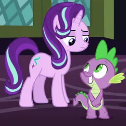Size: 710x710 | Tagged: safe, derpibooru import, screencap, spike, starlight glimmer, dragon, pony, unicorn, a hearth's warming tail, cropped, cute, duo, female, image, male, mare, png, spikabetes