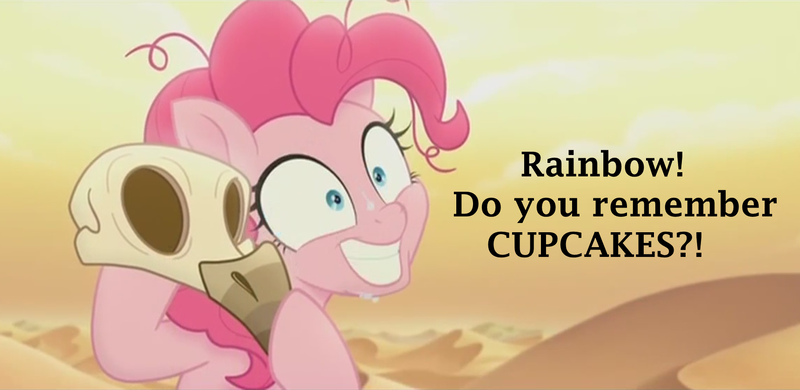 Size: 1720x838 | Tagged: safe, derpibooru import, edit, edited screencap, editor:tcgamebot, screencap, pinkie pie, earth pony, pony, fanfic:cupcakes, my little pony: the movie, dark comedy, desert, desert sun madness, exploitable meme, female, image, implied gilda, mare, meme, png, skull, smiling, text