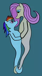 Size: 500x900 | Tagged: safe, anonymous artist, derpibooru import, fluttershy, rainbow dash, sea pony, duo, duo female, eye contact, female, flutterdash, image, intertwined tails, jpeg, lesbian, looking at each other, shipping, simple background, size difference, species swap, tail, underwater