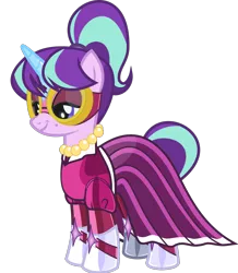 Size: 1246x1428 | Tagged: safe, alternate version, anonymous artist, derpibooru import, masked matter-horn, starlight glimmer, stepford ponies, pony, unicorn, .svg available, bedroom eyes, clothes, derpibooru exclusive, dress, eyelashes, female, goggles, horn, image, jewelry, latex, latex dress, latex suit, makeup, mare, mask, necklace, pearl necklace, png, power ponies, simple background, smiling, solo, transparent background, vector