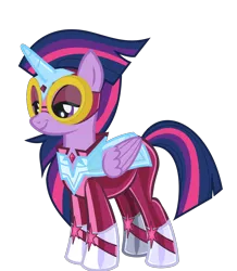 Size: 1246x1428 | Tagged: safe, alternate version, anonymous artist, derpibooru import, masked matter-horn, twilight sparkle, twilight sparkle (alicorn), alicorn, pony, .svg available, alternate hairstyle, derpibooru exclusive, female, goggles, horn, image, latex, latex suit, mare, mask, png, power ponies, simple background, smiling, solo, transparent background, vector, wings