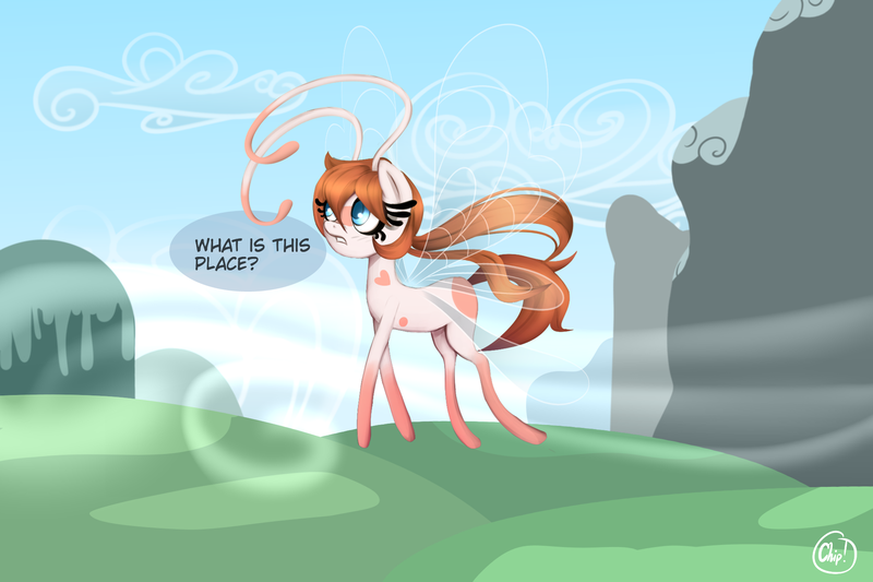 Size: 2000x1333 | Tagged: safe, artist:plaguemare, derpibooru import, oc, oc:chip breeze, unofficial characters only, breezie, pony, antennae, background, big eyes, body markings, breezie oc, cloud, confused, dialogue, eyelashes, female, flying, hill, image, long mane, mare, mountain, png, solo, talking, wind, wings
