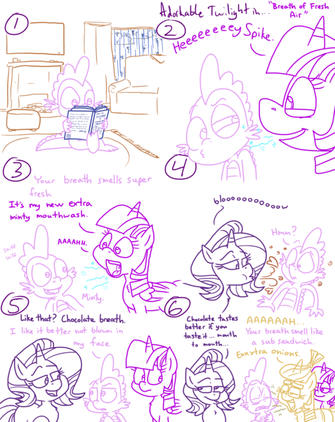 Size: 4779x6013 | Tagged: safe, artist:adorkabletwilightandfriends, derpibooru import, moondancer, spike, starlight glimmer, twilight sparkle, twilight sparkle (alicorn), alicorn, dragon, pony, unicorn, comic:adorkable twilight and friends, adorkable, adorkable twilight, bad breath, blowing, book, breath, chocolate, clothes, comic, couch, cute, dork, duo, female, fireplace, flirting, food, fresh breath, friendship, humor, image, male, mint, mouth, onion, png, rain, sitting, slice of life, sub sandwich, sweater, tongue out