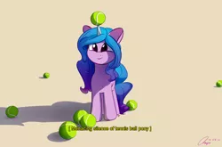 Size: 4100x2700 | Tagged: safe, artist:potato22, derpibooru import, izzy moonbow, pony, unicorn, ball, cute, female, g5, high res, horn, horn guard, horn impalement, hornball, image, izzy's tennis ball, izzybetes, mare, png, simple background, smiling, subtitles, tennis ball, yellow background