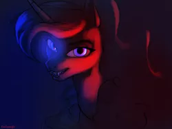 Size: 1600x1200 | Tagged: safe, artist:kirasunnight, derpibooru import, nightmare moon, princess luna, alicorn, pony, blue light, duality, fangs, female, image, looking at you, mare, png, red light, signature, slit pupils, solo