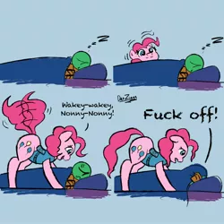 Size: 2048x2048 | Tagged: safe, artist:datzigga, derpibooru import, pinkie pie, oc, oc:anon, earth pony, human, pony, cute, diapinkes, emotional support animal, image, jpeg, sleeping, tail wag, vulgar