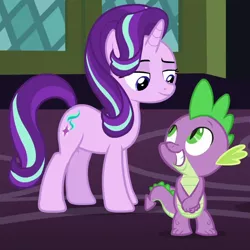 Size: 710x710 | Tagged: safe, derpibooru import, spike, starlight glimmer, bedroom eyes, cute, duo, female, image, looking at each other, male, png, shipping, sparlight, spikabetes, straight