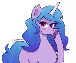 Size: 1024x848 | Tagged: safe, artist:ma5teroftheuniv3rse, derpibooru import, izzy moonbow, pony, unicorn, blushing, chest fluff, female, g5, image, jpeg, looking at you, mare, raised hoof, signature, simple background, unshorn fetlocks, white background