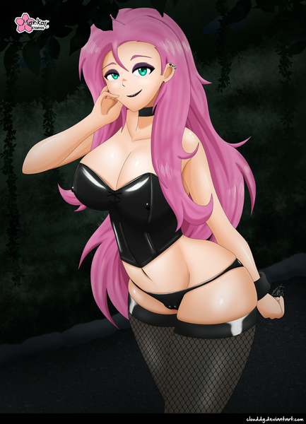 Size: 1402x1942 | Tagged: suggestive, alternate version, artist:clouddg, derpibooru import, fluttershy, human, belly button, erect nipples, humanized, image, nipple outline, png