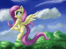 Size: 4000x3000 | Tagged: safe, artist:flusanix, derpibooru import, fluttershy, pegasus, pony, cloud, female, flying, image, mare, png, profile, signature, sky, solo, spread wings, tree, wings