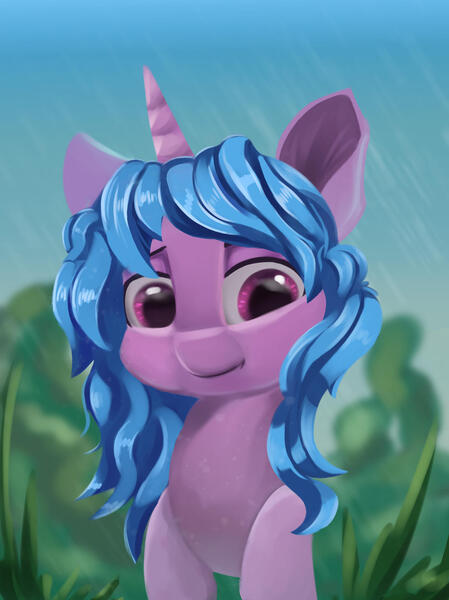 Size: 1280x1712 | Tagged: safe, artist:meodaiduoi, derpibooru import, izzy moonbow, pony, unicorn, female, g5, image, jpeg, looking, mare, rain, simple background, solo