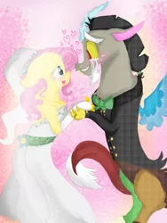 Size: 3120x4160 | Tagged: safe, artist:cocolove2176, derpibooru import, discord, fluttershy, anthro, draconequus, pegasus, abstract background, arm hooves, bipedal, blushing, chest fluff, clothes, crying, discoshy, dress, female, heart, holding hands, image, jewelry, male, necklace, open mouth, png, shipping, smiling, straight, suit, tears of joy, wedding dress, wings