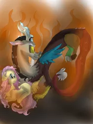 Size: 3120x4160 | Tagged: safe, artist:cocolove2176, derpibooru import, discord, fluttershy, draconequus, pegasus, pony, discoshy, female, flying, image, looking back, male, mare, png, protecting, shipping, straight, wings