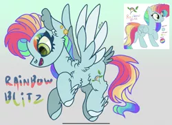 Size: 2283x1668 | Tagged: safe, artist:caramelbolt24, derpibooru import, oc, oc:rainbow blitz, unofficial characters only, pegasus, pony, abstract background, colored hooves, ear fluff, eyelashes, feathered fetlocks, female, flying, image, jpeg, magical lesbian spawn, mare, multicolored hair, offspring, open mouth, parent:fluttershy, parent:rainbow dash, parents:flutterdash, pegasus oc, rainbow hair, raised hoof, signature, smiling, two toned wings, wings