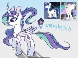 Size: 2233x1668 | Tagged: safe, artist:caramelbolt24, derpibooru import, oc, alicorn, classical unicorn, pony, unicorn, alicorn oc, chest fluff, cloven hooves, ear fluff, eyelashes, feathered fetlocks, female, gradient background, grin, horn, image, jewelry, jpeg, leonine tail, male, mare, parent:princess celestia, parent:shining armor, parents:shininglestia, peytral, raised hoof, screencap reference, signature, smiling, stallion, tiara, unshorn fetlocks, wings