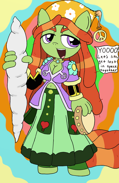 Size: 1336x2048 | Tagged: suggestive, artist:tenebrousmelancholy, derpibooru import, tree hugger, anthro, earth pony, plantigrade anthro, blunt, breasts, cleavage, clothes, digital art, dreadlocks, drugs, female, hippie, holding, image, musical instrument, peace symbol, png, psychedelic, solo, tambourine, text