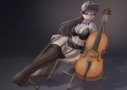 Size: 3508x2480 | Tagged: suggestive, artist:dandy, derpibooru import, octavia melody, anthro, earth pony, unguligrade anthro, bedroom eyes, bow (instrument), bowtie, bra, breasts, busty octavia, cello, cello bow, chair, clothes, eyeshadow, female, garter belt, image, lingerie, looking at you, makeup, musical instrument, panties, png, sexy, simple background, socks, solo, solo female, stockings, thigh highs, underwear
