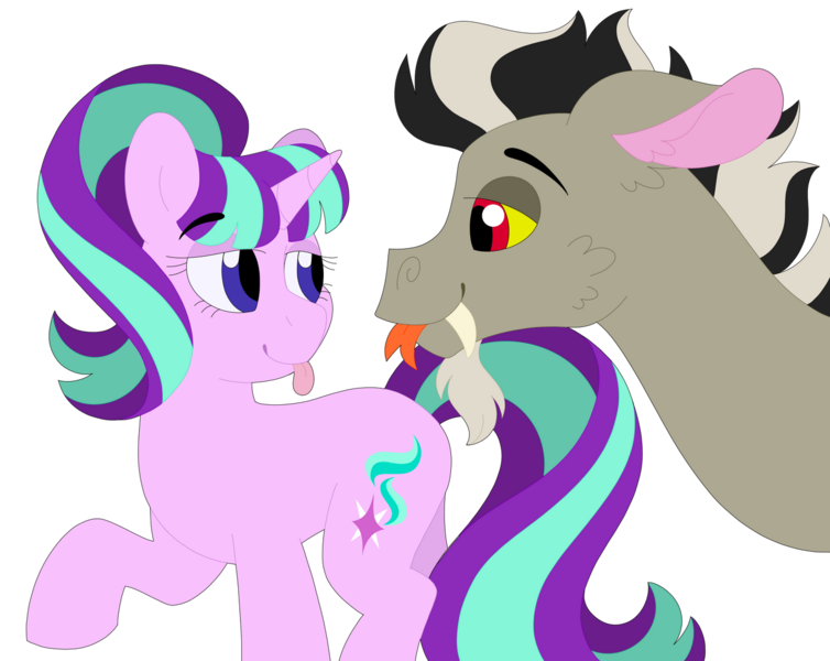 Size: 1280x1018 | Tagged: safe, artist:lepoppeta, derpibooru import, discord, starlight glimmer, draconequus, pony, unicorn, female, image, looking at each other, male, png, shipping, simple background, starcord, straight, tongue out, transparent background