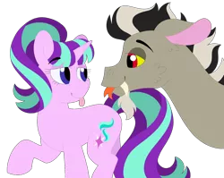 Size: 1280x1018 | Tagged: safe, artist:lepoppeta, derpibooru import, discord, starlight glimmer, draconequus, pony, unicorn, female, image, looking at each other, male, png, shipping, simple background, starcord, straight, tongue out, transparent background