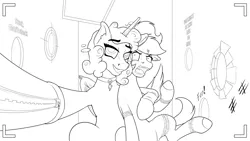 Size: 3840x2160 | Tagged: suggestive, artist:cocaine, derpibooru import, oc, oc:doodles, oc:princess coke, alicorn, pegasus, zebra, angry, choker, clothes, colorless, glory hole, grayscale, hape, hug, image, lineart, monochrome, personal space invasion, png, selfie, smiling, smug, socks, stockings, taking a photo, text, thigh highs, wip