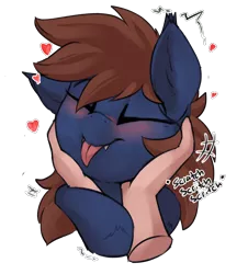 Size: 2226x2457 | Tagged: safe, artist:beardie, derpibooru import, oc, oc:warly, unofficial characters only, bat pony, human, beardies scritching ponies, blushing, commission, disembodied hand, ear tufts, eyes closed, fangs, hand, happy, heart, image, long tongue, petting, png, simple background, tongue out, transparent background, ych result