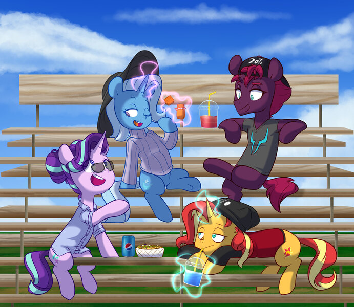 Size: 4410x3832 | Tagged: safe, artist:chub-wub, derpibooru import, fizzlepop berrytwist, starlight glimmer, sunset shimmer, tempest shadow, trixie, pony, unicorn, alternate hairstyle, baseball cap, beanie, broken horn, can, cap, clothes, drink, female, glasses, glowing horn, hat, horn, image, jpeg, levitation, magic, mare, one eye closed, open mouth, pepsi, raised hoof, reformed unicorn meeting, shirt, sitting, soda, sun hat, sunglasses, sweater, t-shirt, telekinesis, wink