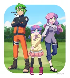 Size: 989x1100 | Tagged: safe, artist:riouku, derpibooru import, princess flurry heart, spike, sweetie belle, human, clothes, commission, crossover, feet, female, forest, grass, himawari uzumaki, hinata hyuga, humanized, image, male, naruto, naruto uzumaki, png, shipping, spikebelle, straight, tree, whiskers