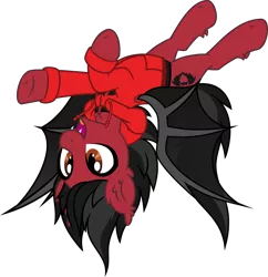 Size: 5000x5166 | Tagged: safe, artist:aureai, derpibooru import, ponified, bat pony, pony, bat wings, behaving like a bat, clandestine industries, clothes, commission, ear fluff, fall out boy, fangs, flying, happy, hoodie, hoof fluff, image, male, open mouth, pete wentz, png, simple background, slit eyes, solo, stallion, transparent background, underhoof, upside down, vector, wings