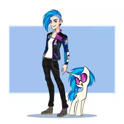 Size: 2500x2500 | Tagged: safe, artist:watchoutoprah, derpibooru import, vinyl scratch, human, pony, unicorn, alternate hairstyle, boots, chains, clothes, ear piercing, earring, eyebrow piercing, female, grin, human ponidox, humanized, image, implied coloratura, implied lesbian, implied octavia, implied scratchtavia, implied shipping, jacket, jeans, jewelry, mare, open mouth, pansexual, pansexual pride flag, pants, piercing, png, pride, pride flag, punk, self ponidox, shirt, shoes, smiling, t-shirt, vinyl's glasses