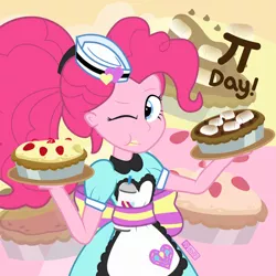 Size: 894x894 | Tagged: safe, artist:dm29, derpibooru import, pinkie pie, coinky-dink world, eqg summertime shorts, equestria girls, clothes, eating, female, food, hat, image, jpeg, looking at you, one eye closed, pi day, pie, ponytail, s'mores, server pinkie pie, uniform, waitress, wink, winking at you