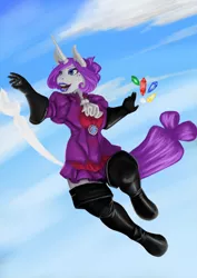 Size: 905x1280 | Tagged: safe, artist:blandy, derpibooru import, rarity, anthro, unicorn, boots, clothes, fantasy class, female, gemstones, gloves, image, jpeg, jumping, lipstick, magic, magic sword, red mage, shoes, solo