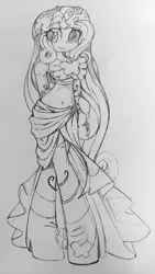 Size: 2604x4624 | Tagged: safe, artist:shadowhawx95, derpibooru import, fluttershy, human, belly button, boots, clothes, dress, female, flower, flower in hair, grayscale, humanized, image, jpeg, midriff, monochrome, pencil drawing, shoes, solo, traditional art