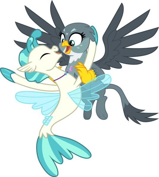 Size: 3818x4257 | Tagged: safe, artist:cloudyglow, artist:hendro107, derpibooru import, edit, gabby, terramar, gryphon, pony, seapony (g4), dragon dropped, surf and/or turf, .ai available, .svg available, absurd resolution, duo, embrace, eyes closed, female, gabbymar, image, male, open mouth, png, shipping, simple background, straight, transparent background, vector