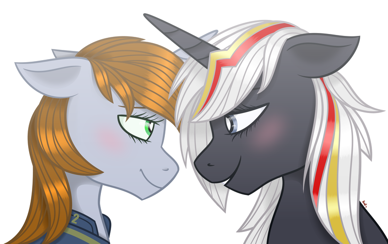 Size: 3500x2200 | Tagged: safe, artist:cherrycandi, derpibooru import, oc, oc:littlepip, oc:velvet remedy, pony, unicorn, fallout equestria, blushing, clothes, couple, cute, duo, female, image, lesbian, looking at each other, png, simple background, vault suit, velvetpip, white background