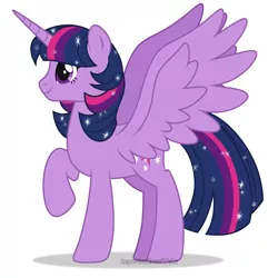 Size: 1900x1900 | Tagged: safe, artist:pigeorgien, derpibooru import, twilight sparkle, twilight sparkle (alicorn), alicorn, pony, cute, ethereal mane, female, image, mare, png, raised hoof, show accurate, simple background, solo, spread wings, starry mane, twiabetes, white background, wings