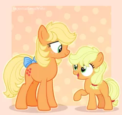 Size: 1105x1038 | Tagged: safe, artist:budgie--boye, artist:pigeorgien, derpibooru import, applejack, applejack (g1), earth pony, pony, base used, bow, cute, cuteness overload, duo, female, filly, filly applejack, freckles, g1, g1 to g4, generation leap, image, jackabetes, looking at each other, png, raised hoof, tail bow, younger