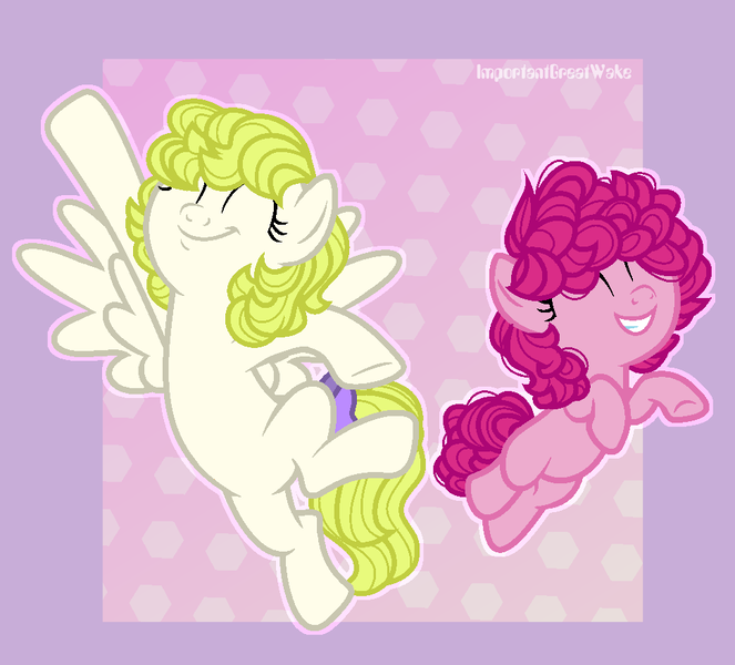 Size: 972x879 | Tagged: safe, artist:angellight-bases, artist:pigeorgien, derpibooru import, pinkie pie, surprise, earth pony, pegasus, pony, base used, bow, curly hair, cute, diapinkes, duo, eyes closed, female, filly, filly pinkie pie, g1, g1 to g4, generation leap, image, jumping, mare, png, ponk, spread wings, tail bow, wings, younger