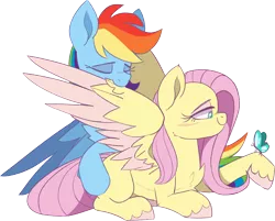 Size: 1450x1167 | Tagged: safe, artist:taaffeiite, derpibooru import, fluttershy, rainbow dash, butterfly, insect, pony, alternate design, behaving like a bird, blushing, butt touch, chest fluff, colored hooves, colored wings, colored wingtips, couple, female, flutterdash, grooming, image, lesbian, mare, png, preening, shipping, smiling, unshorn fetlocks, wings