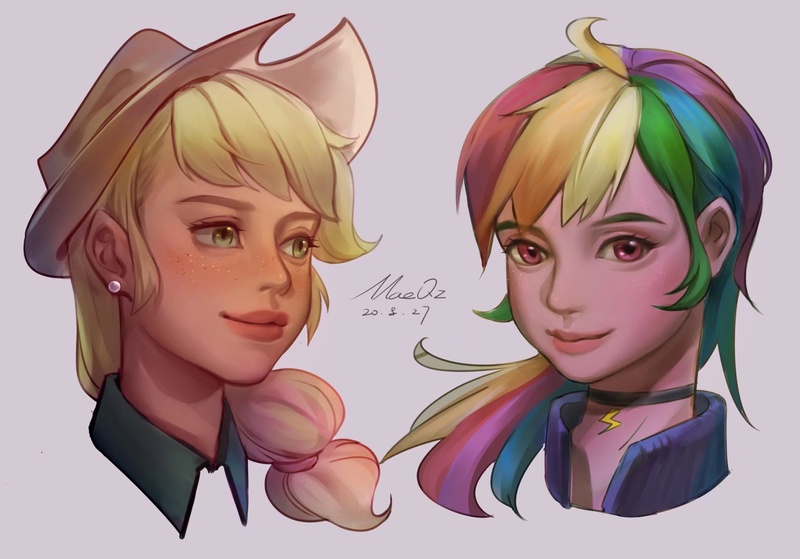 Size: 2048x1430 | Tagged: safe, artist:w33484365, derpibooru import, applejack, rainbow dash, human, applejack's hat, bust, choker, cowboy hat, duo, ear piercing, earring, female, freckles, hat, humanized, image, jewelry, jpeg, piercing, simple background