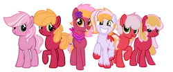 Size: 1024x427 | Tagged: safe, artist:jetjetj, derpibooru import, oc, oc:apple rose, oc:cherry cotton, oc:cherry grape, oc:cosmos melody, oc:fuji, oc:summer fruit, unofficial characters only, earth pony, pony, female, image, offspring, parent:big macintosh, parent:cheerilee, parents:cheerimac, png, siblings, simple background, sisters, transparent background