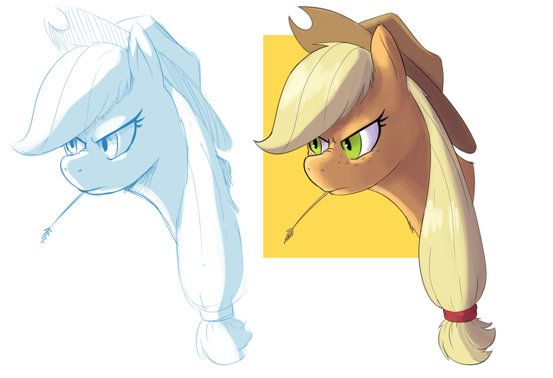 Size: 1454x994 | Tagged: safe, artist:hitsuji, derpibooru import, applejack, angry, applejack's hat, cowboy hat, hat, hay stalk, image, png, simple background, sketch, solo, white background