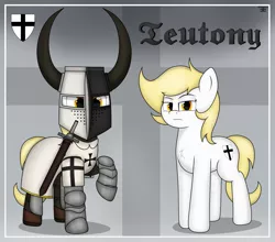 Size: 3521x3098 | Tagged: safe, artist:schwarzesskreuz, derpibooru import, oc, oc:teutony, unofficial characters only, earth pony, pony, armor, cutie mark, female, guardsmare, image, knight, looking at you, mare, png, reference sheet, royal guard, simple background, sword, teutonic knight, teutonic pony, weapon