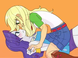 Size: 2160x1620 | Tagged: safe, artist:haibaratomoe, derpibooru import, applejack, rarity, equestria girls, equestria girls series, belt, blushing, boots, bracelet, breasts, busty applejack, busty rarity, clothes, cutie mark, cutie mark on clothes, eye contact, female, geode of shielding, geode of super strength, image, jewelry, jpeg, lesbian, looking at each other, magical geodes, rarijack, rarity peplum dress, shipping, shoes