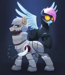 Size: 2434x2808 | Tagged: safe, artist:3-gon, artist:draw3, derpibooru import, oc, oc:alabaster, oc:skyline, unofficial characters only, pegasus, pony, fallout equestria, armor, enclave, enclave armor, female, grand pegasus enclave, helmet, image, male, mare, mask, png, power armor, stallion, weapon, wings