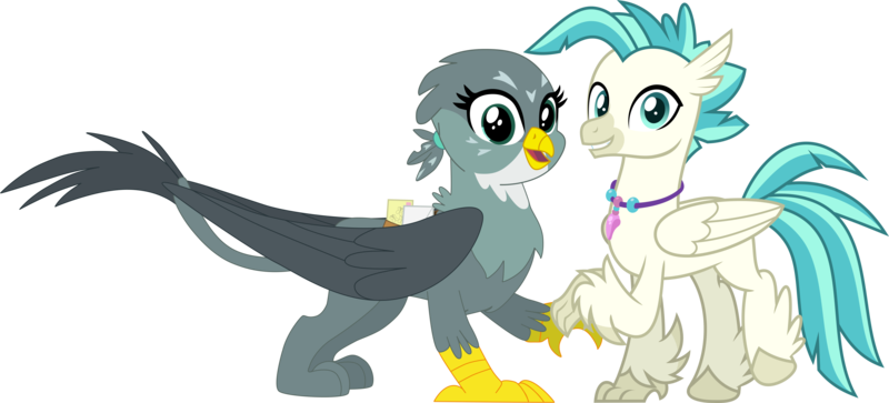 Size: 3656x1661 | Tagged: safe, artist:flutterflyraptor, artist:jhayarr23, derpibooru import, edit, gabby, terramar, classical hippogriff, gryphon, hippogriff, surf and/or turf, the fault in our cutie marks, duo, female, gabbymar, holding claws, image, jewelry, looking at you, male, necklace, png, raised claw, raised hoof, shipping, simple background, smiling, straight, transparent background, vector