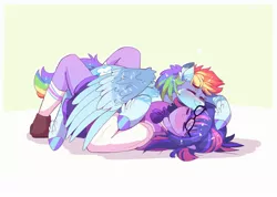 Size: 2262x1608 | Tagged: safe, artist:aaa-its-spook, derpibooru import, rainbow dash, twilight sparkle, human, pony, female, glasses, human on pony snuggling, image, jpeg, lesbian, shipping, simple background, snuggling, twidash, white background