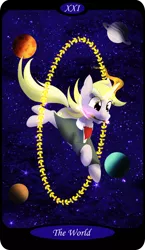 Size: 1500x2591 | Tagged: safe, artist:sixes&sevens, derpibooru import, part of a set, dinky hooves, unicorn, clothes, doctor who, female, glowing horn, horn, image, jumping, major arcana, mouth hold, older, older dinky hooves, planet, png, solo, sonic screwdriver, space, stars, the world