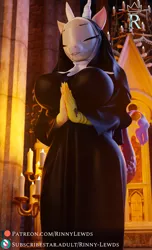 Size: 1165x1920 | Tagged: suggestive, artist:rinny, derpibooru import, discord, anthro, draconequus, 3d, blender, cathedral, crossgender, eris, eyes closed, female, image, nun, pinup, png, praying, rosary, rule 63, solo, solo female