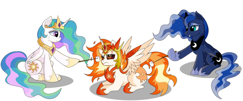 Size: 14400x6000 | Tagged: safe, artist:rainbowtashie, derpibooru import, daybreaker, princess celestia, princess luna, alicorn, pony, absurd resolution, butt, campfire, commission, cross-popping veins, cutie mark, daybutt, female, food, funny, funny as hell, grumpy, image, mane of fire, mare, marshmallow, moonbutt, mundane utility, night, png, roasting, simple background, smiling, spooktober, sunbutt, transparent background, urge to kill rising, vector