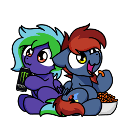 Size: 500x500 | Tagged: safe, artist:sugar morning, derpibooru import, part of a set, oc, oc:firewire, oc:weldbead, unofficial characters only, pegasus, pony, animated, bowl, cheetos, chibi, cute, daaaaaaaaaaaw, drinking, eating, energy drink, female, food, frame by frame, gif, image, male, mare, monster energy, ocbetes, simple background, sitting, solo, stallion, sugar morning's snacc and drincc, transparent background